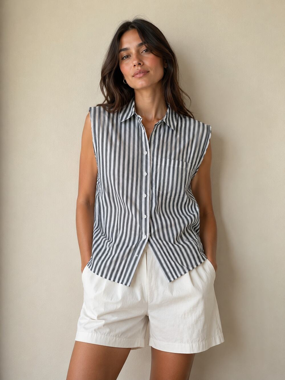 K3B by Kahlana Sleeveless Button Front Blouse Gray White Stripe Size Medium NWT